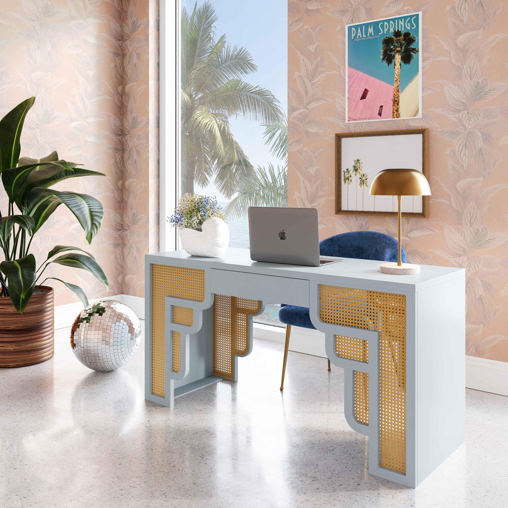 American Home Furniture | TOV Furniture - Suzie Pastel Blue & Rattan Executive Desk