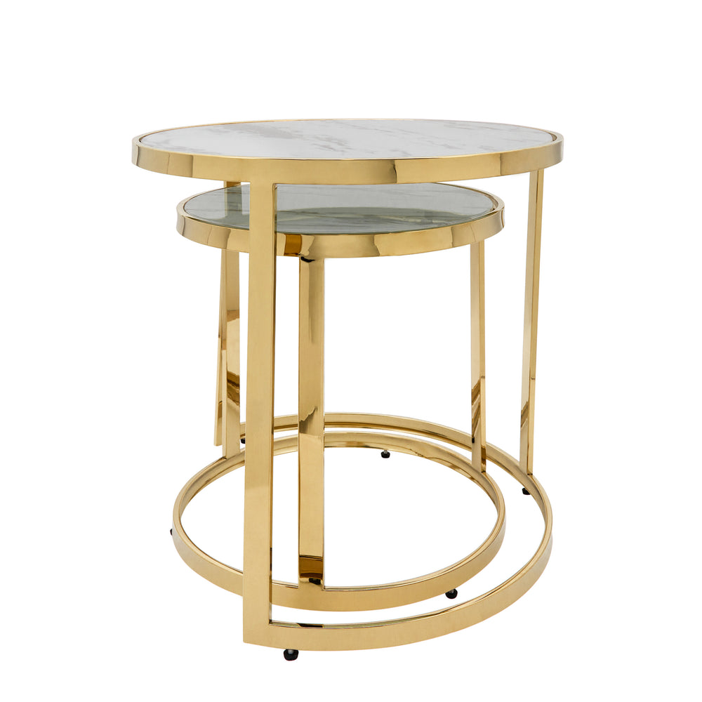 S/2 Metal/marble Glass Round Side Table, Gold