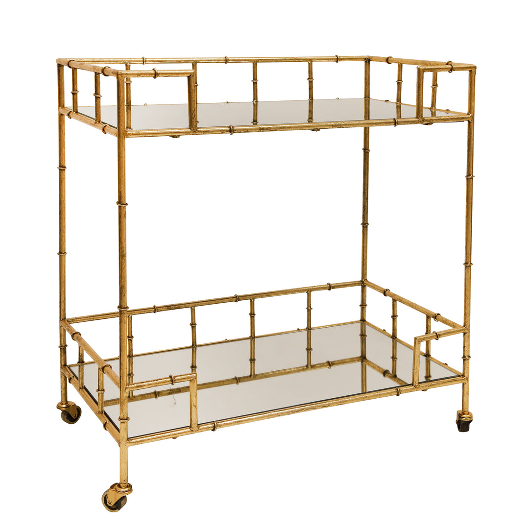 2-tier Gold Metal Bar Cart, Mirrored Top-AmericanHomeFurniture