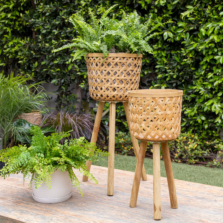 S/2 Bamboo Planters On Stands, Natural
