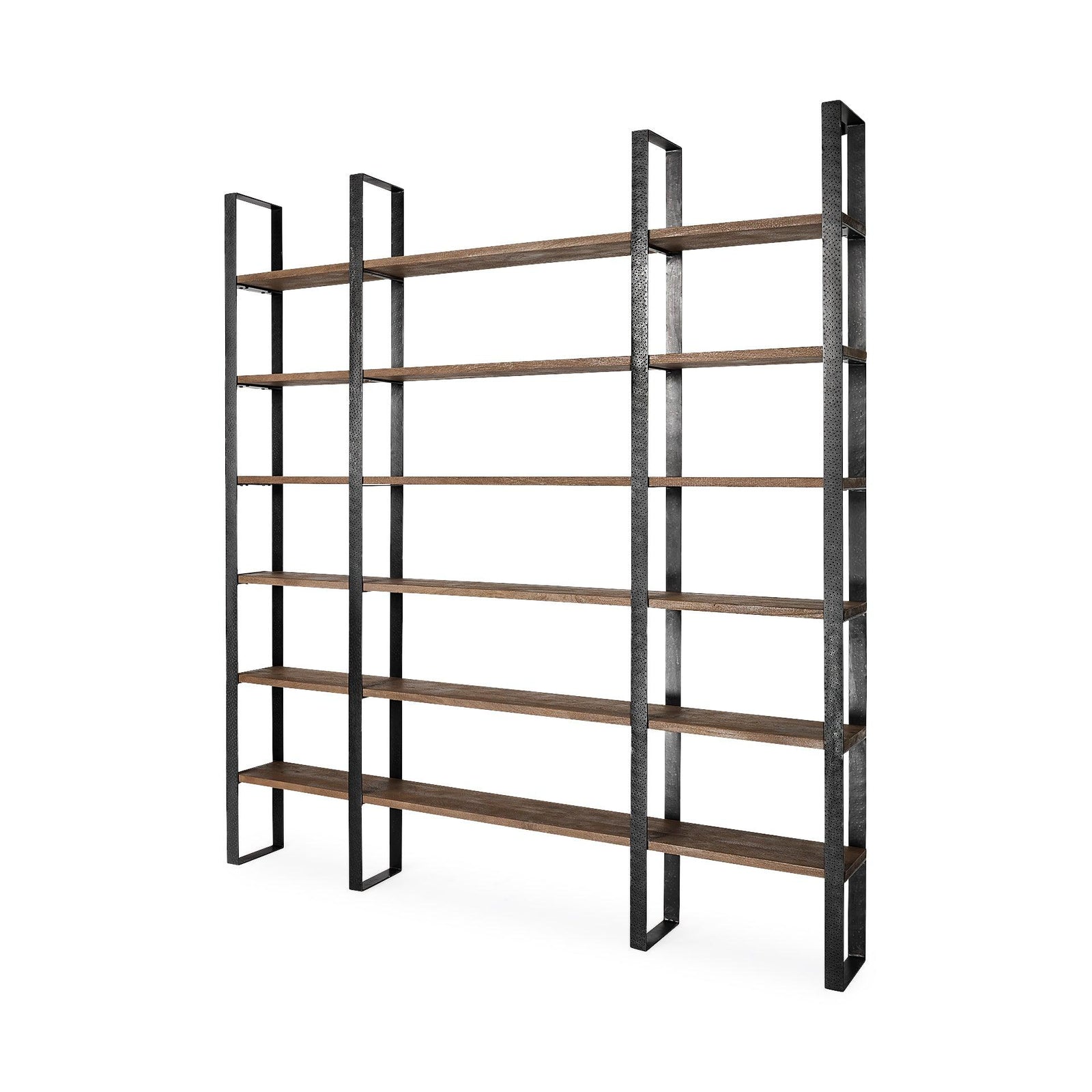 Mercana Taunton II 80L x 10.5W x 90H Dark Brown Wood And Black Iron Six Shelving Unit BOOKCASES + SHELVES
