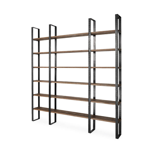Mercana Taunton II 80L x 10.5W x 90H Dark Brown Wood And Black Iron Six Shelving Unit BOOKCASES + SHELVES