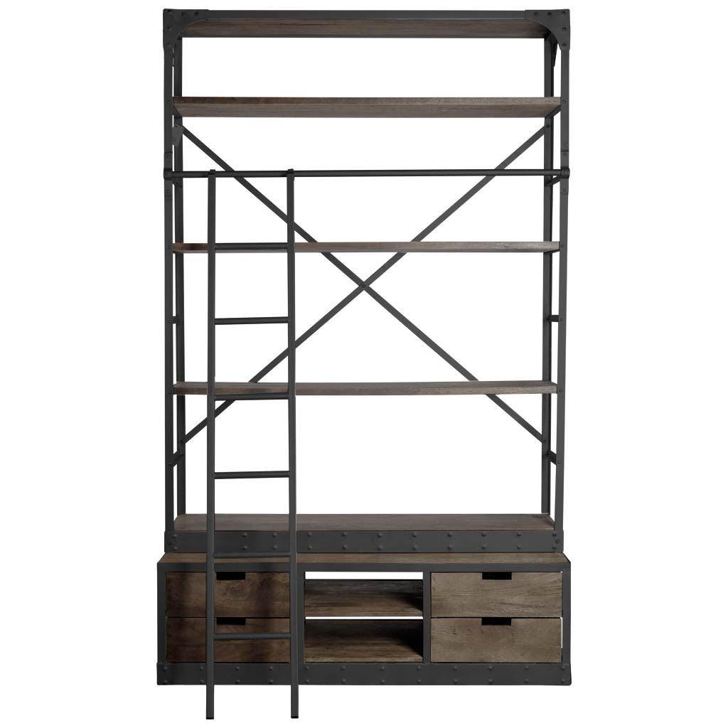 Mercana Brodie VIII 57L x 20.5W x 94H Brown Wood Gun-Metal Ladder Four Shelf Shelving Unit BOOKCASES + SHELVES