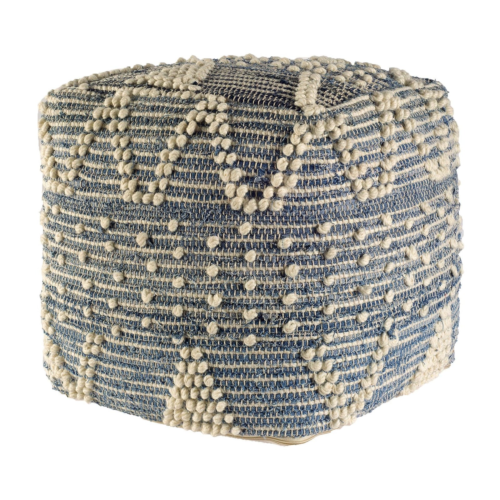 Mercana Rofi Blue Denim and Cream Cotton Stitched Square Pouf OTTOMANS, POUFS, + STOOLS