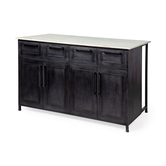 Mercana Fieri Solid Iron Black Body White Marble Top Four Drawer Kitchen Island BAR + BAR CARTS
