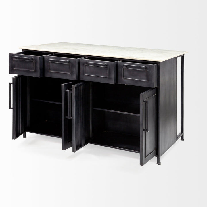 Mercana Fieri Solid Iron Black Body White Marble Top Four Drawer Kitchen Island BAR + BAR CARTS