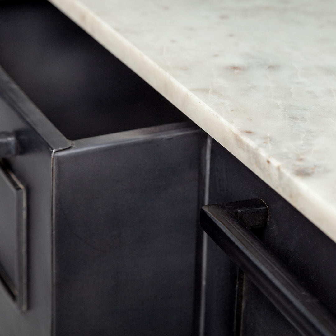Mercana Fieri Solid Iron Black Body White Marble Top Four Drawer Kitchen Island BAR + BAR CARTS