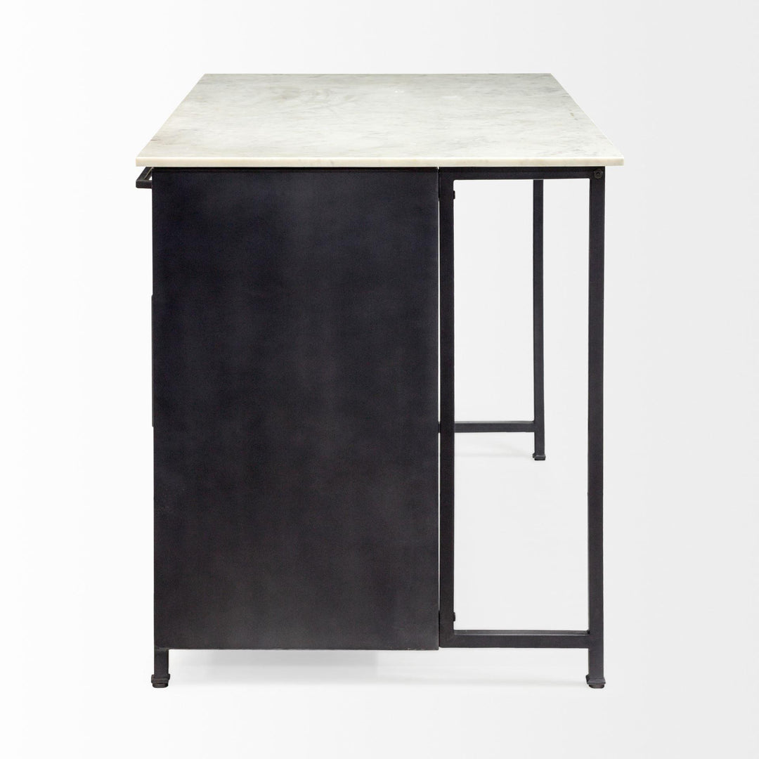 Mercana Fieri Solid Iron Black Body White Marble Top Four Drawer Kitchen Island BAR + BAR CARTS