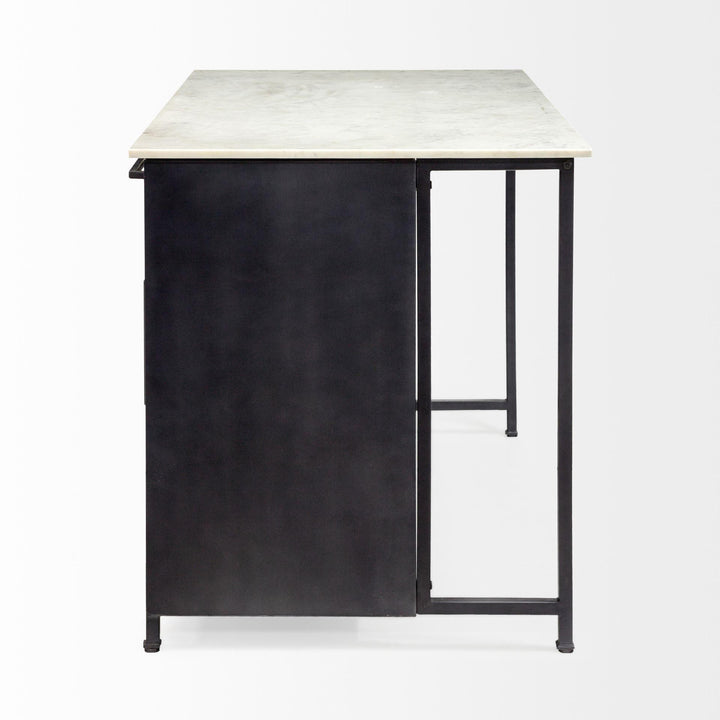 Mercana Fieri Solid Iron Black Body White Marble Top Four Drawer Kitchen Island BAR + BAR CARTS