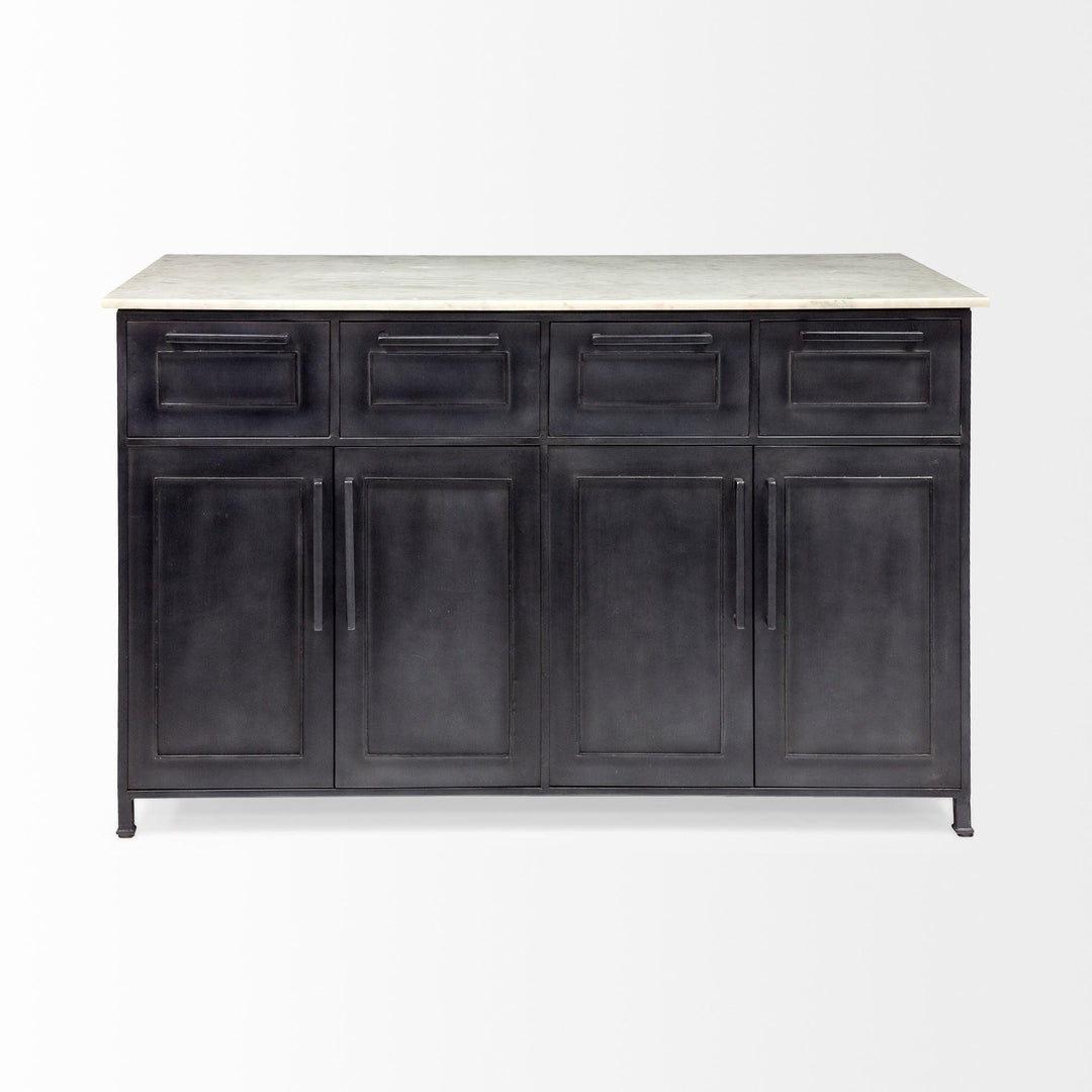 Mercana Fieri Solid Iron Black Body White Marble Top Four Drawer Kitchen Island BAR + BAR CARTS