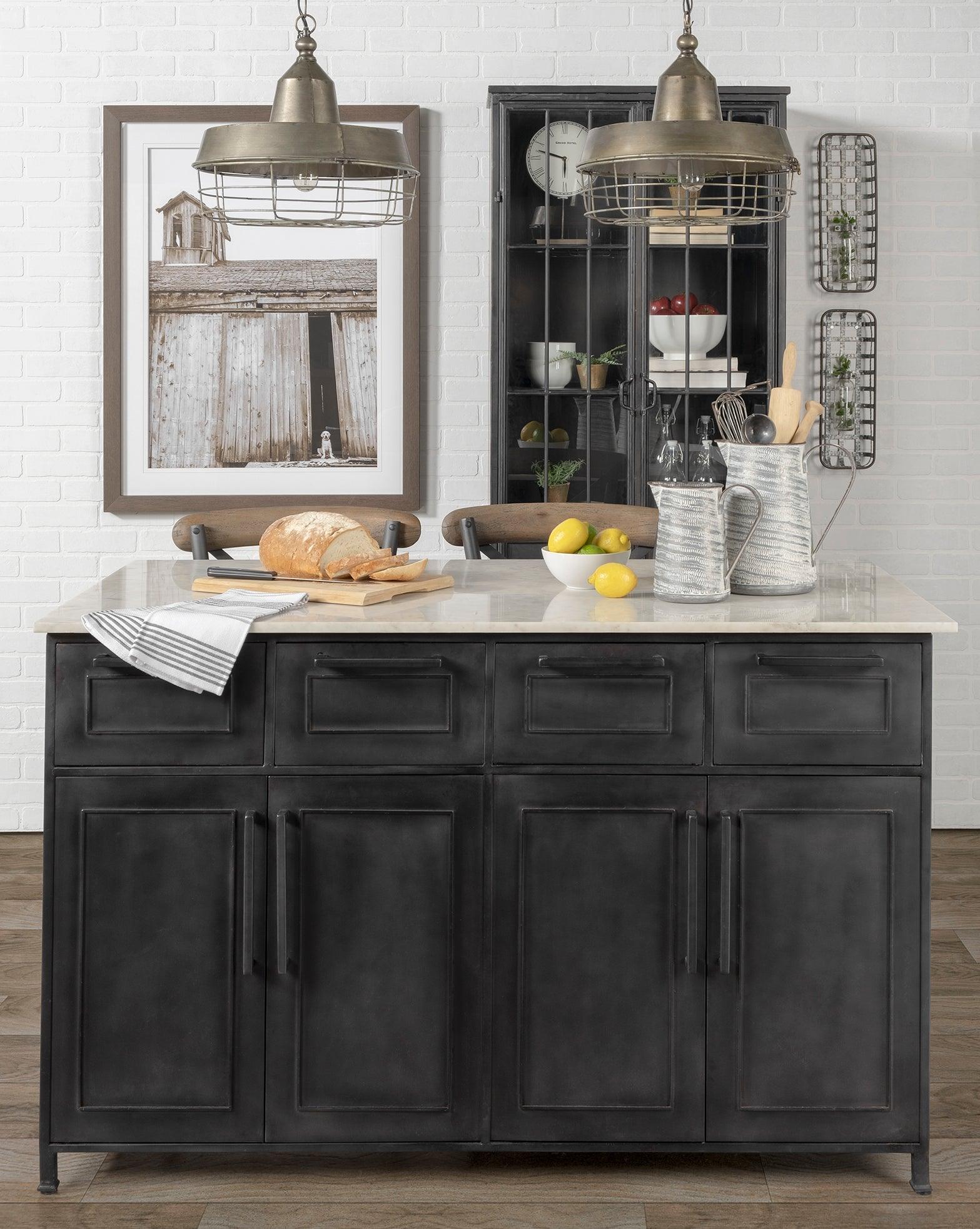 Mercana Fieri Solid Iron Black Body White Marble Top Four Drawer Kitchen Island BAR + BAR CARTS