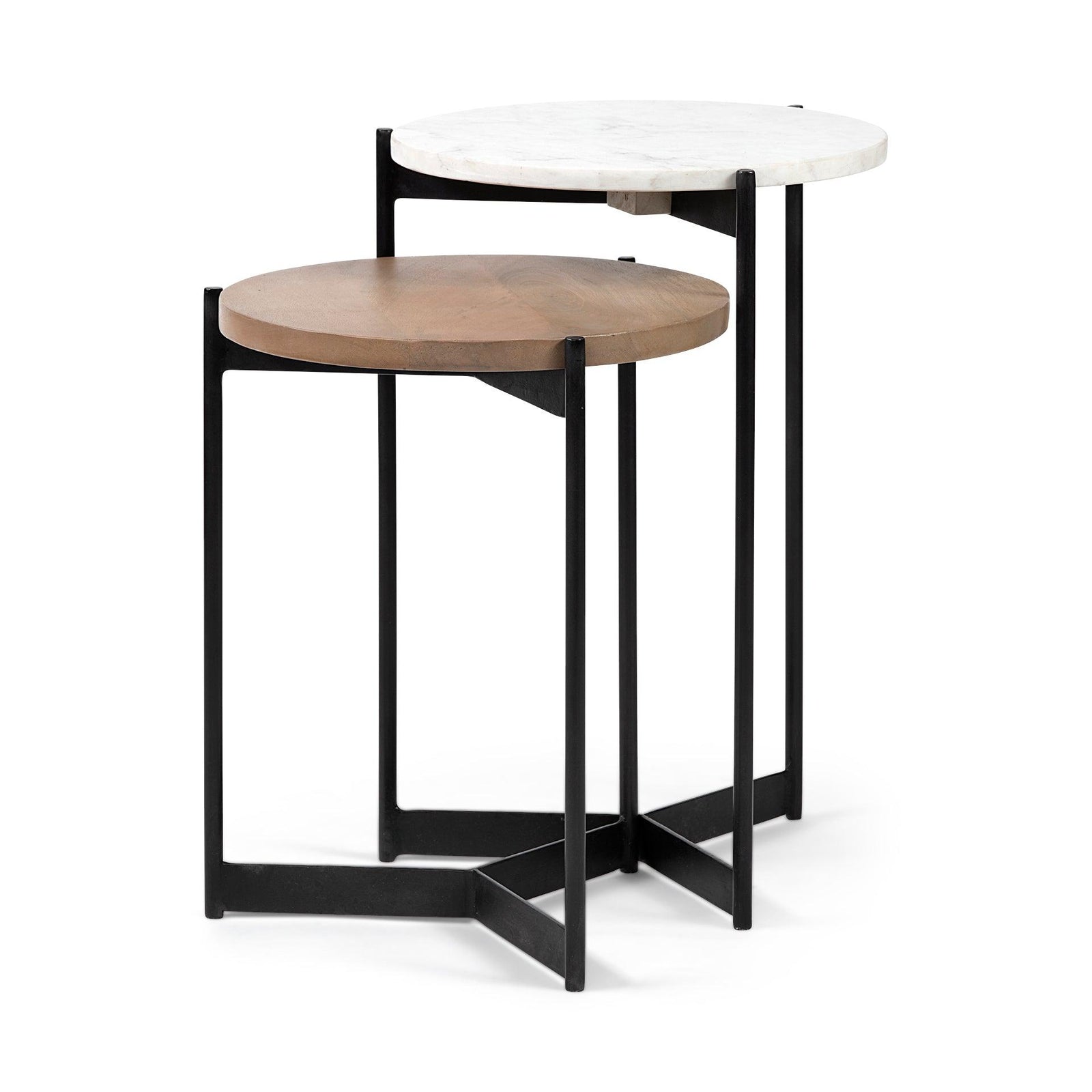 Mercana Larkin II Marble and Medium Brown Wood Round Tabletop Nesting End/Side Tables ACCENT TABLES