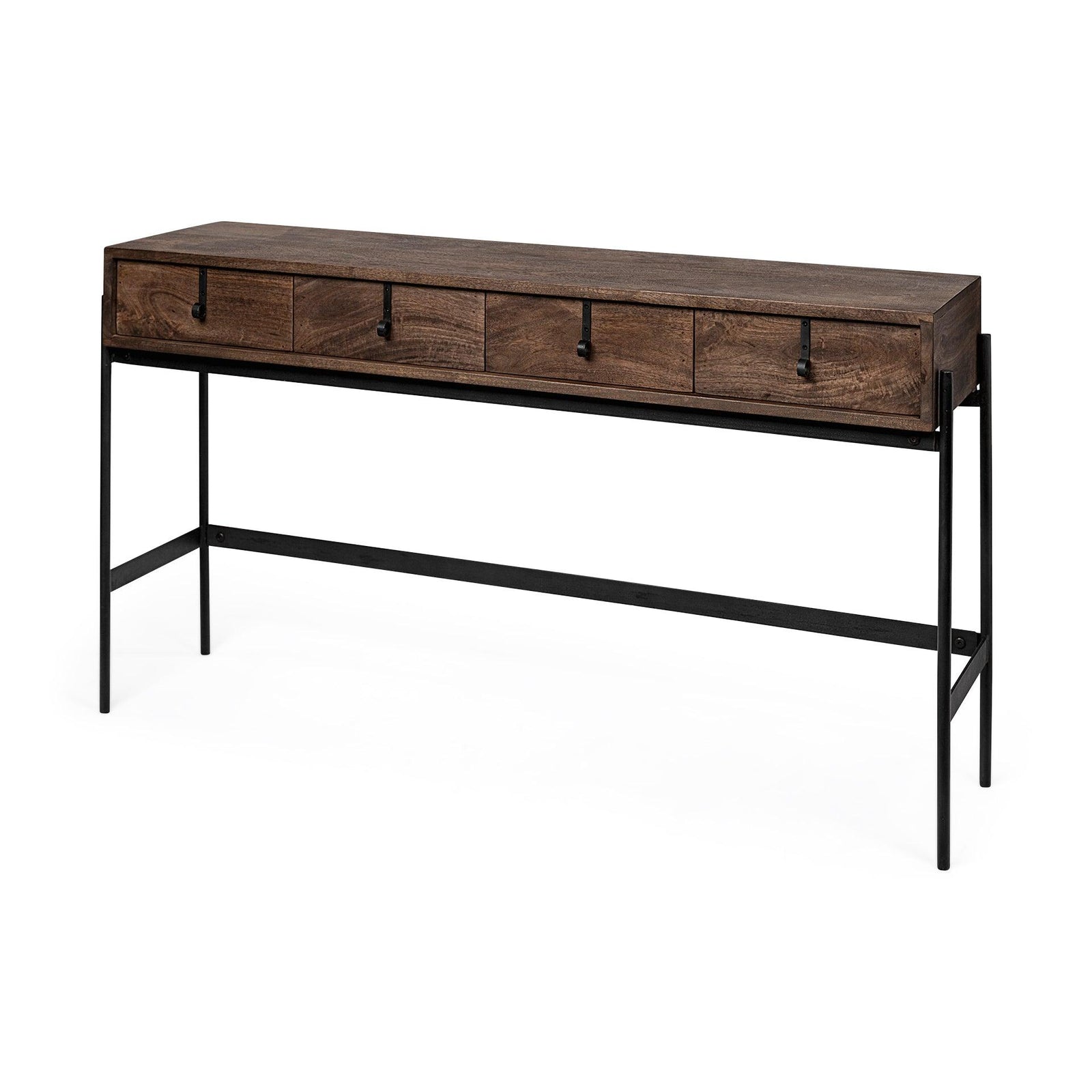Mercana Glenn III 56L x 14W Dark Brown Wood w/ Black Iron Frame, 4 Drawer Console Table CONSOLE TABLES