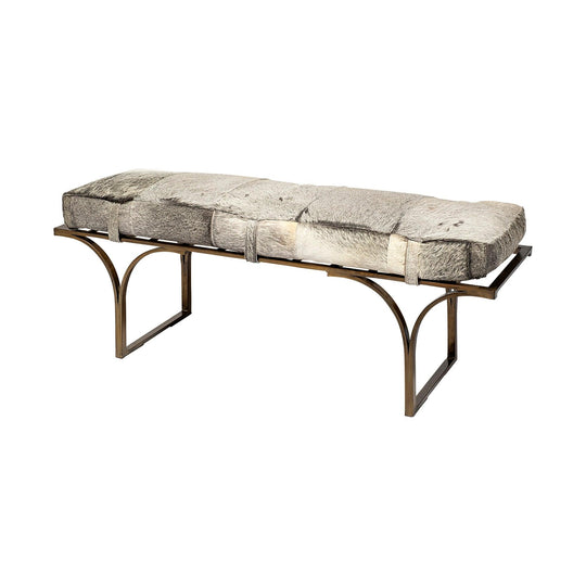 Mercana Jessie 55L x 16W White/Gray Hair-On-Hide Seat W/Gold Metal Base Accent Bench BENCHES