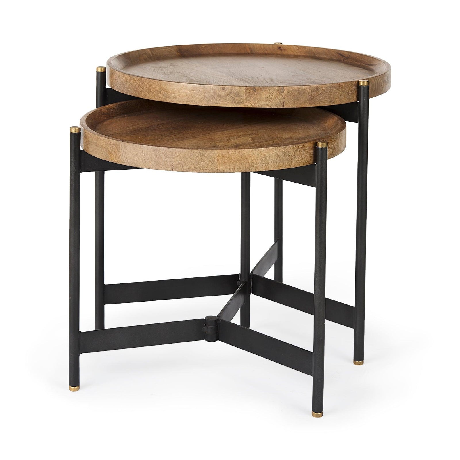 Mercana Marquisa (Set of 2) 22.5L x 22.5W x 20.8H Light Brown Wood W/ Black Metal Base Nesting Side Tables ACCENT TABLES
