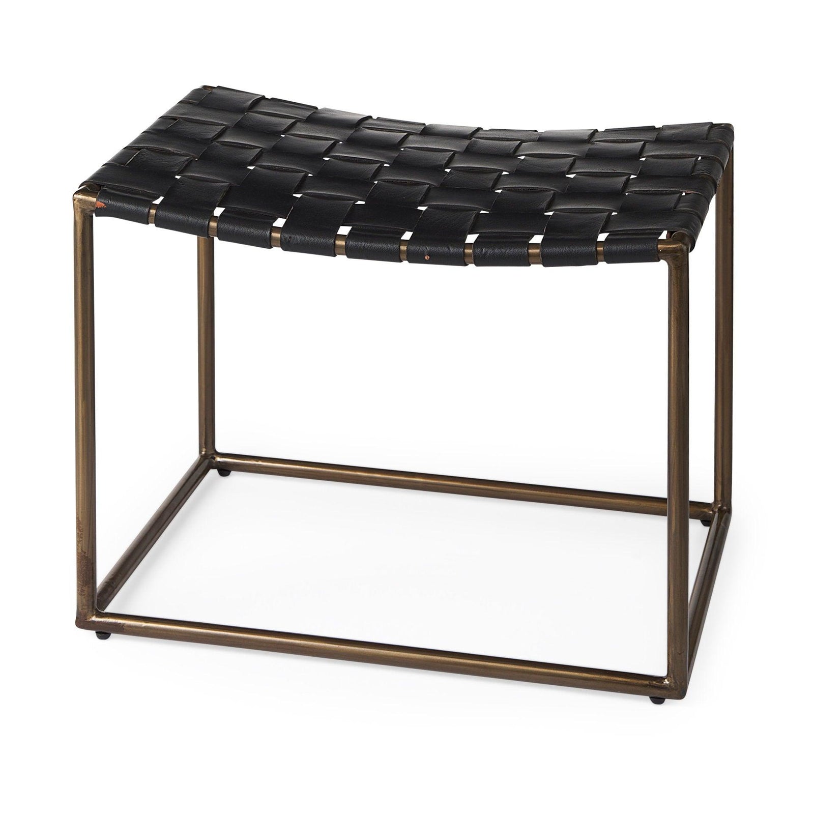 Mercana Clarissa 22.0L x 16.0W x 16.75H Black Leather Woven Seat W/ Gold Metal Frame Stool BENCHES