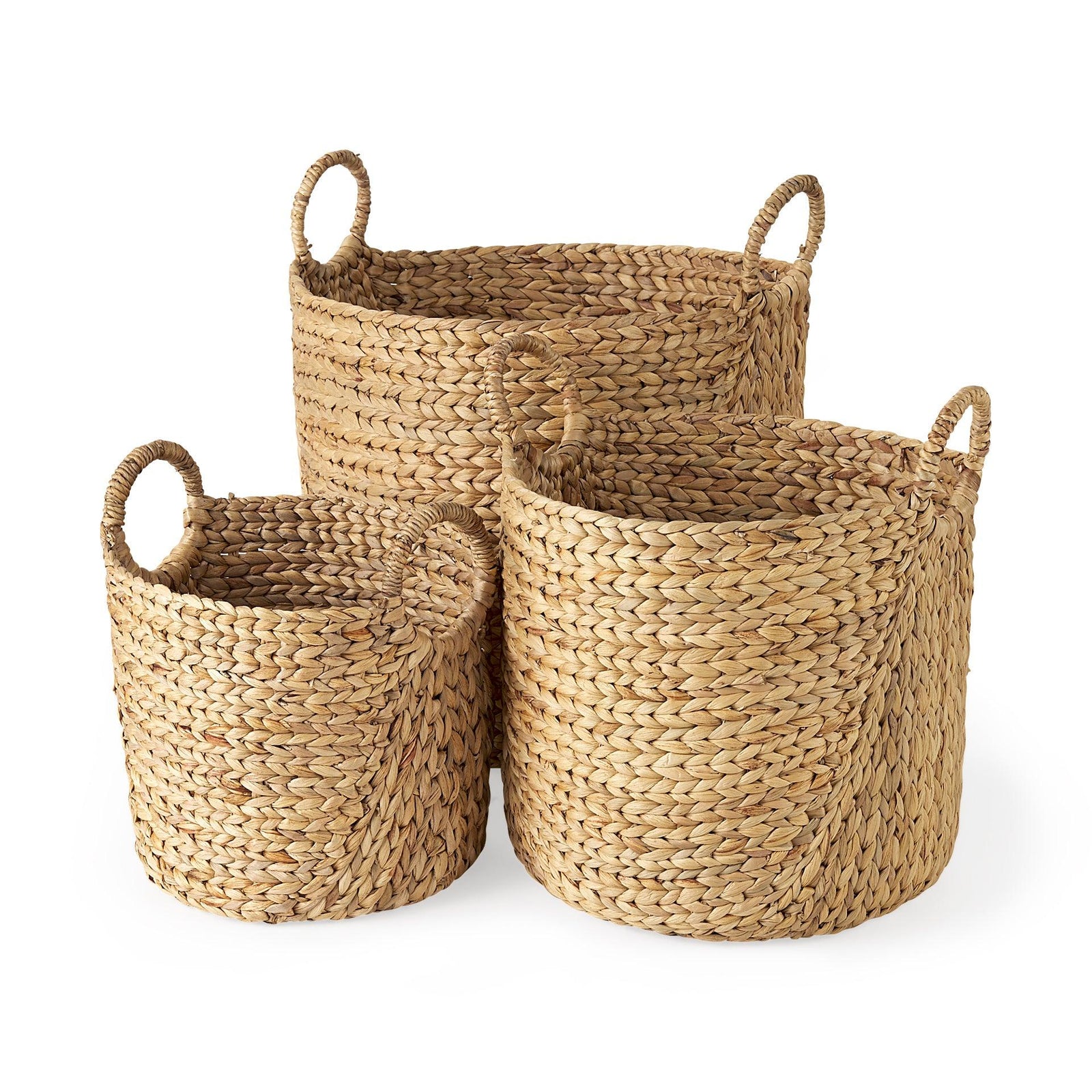 Mercana Sivan 19.7L x 19.7W x 23.6H (Set of 3) Light Brown Water Hyacinth Round Basket W/ Handles DECORATIVE BASKETS + BOXES