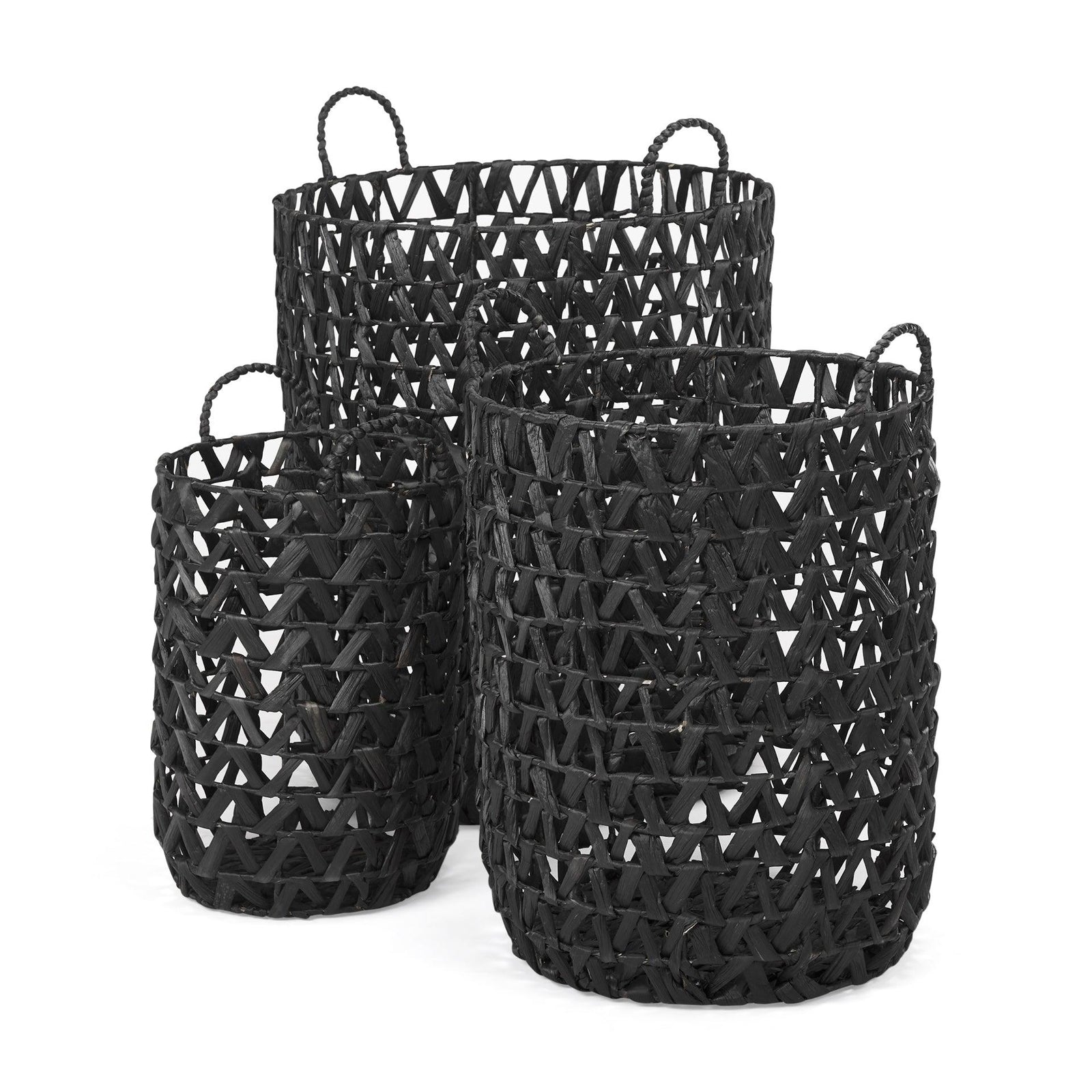 Mercana Lola 19.7L x 19.7W x 23.6 Set of 3 Black Water Hyacinth Zig Zag Weave Round Basket W/ Handles DECORATIVE BASKETS +...