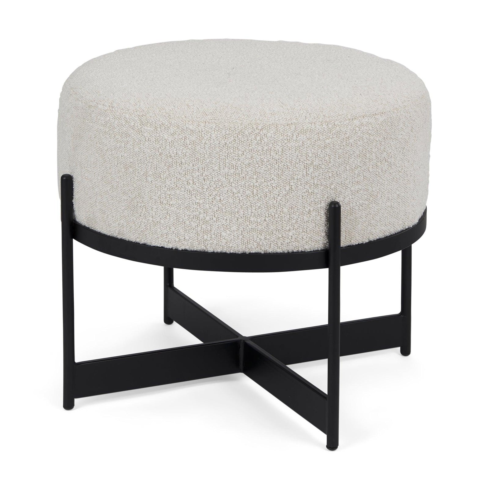 Mercana Amelia Cream Boucle W/Black Metal Upholstered Pouf OTTOMANS, POUFS, + STOOLS