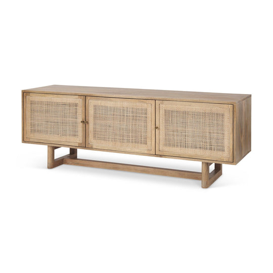 Mercana Grier Light Brown Solid Wood and Cane 3 Door Media Console MEDIA + TV STANDS
