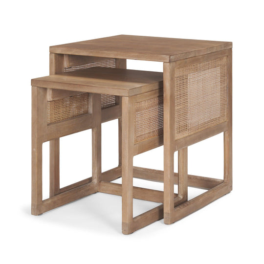 Mercana Grier Set of 2 Light Brown Solid Wood w/ Cane Nesting Accent Tables ACCENT TABLES