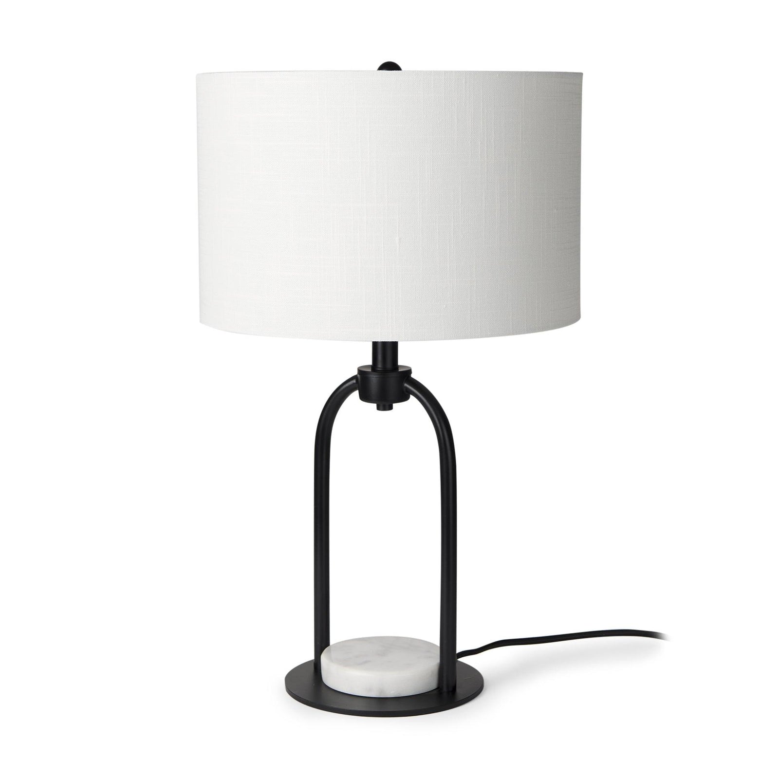 Mercana Sarah 15.0L x 10.0W x 22.2H Arched Black Metal W/Marble Cube and White Shade Table Lamp TABLE LAMPS