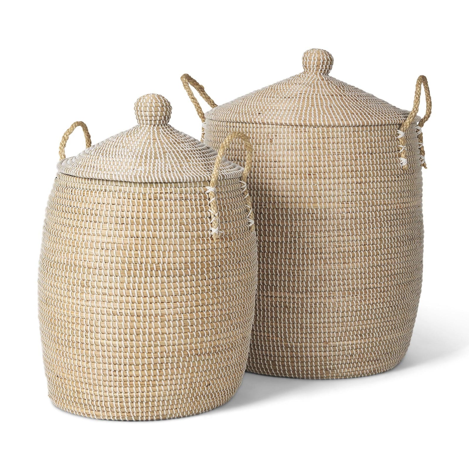 Mercana Kairi Set of 2 Seagrass Floor Baskets w/ Lids and Handles DECORATIVE BASKETS + BOXES