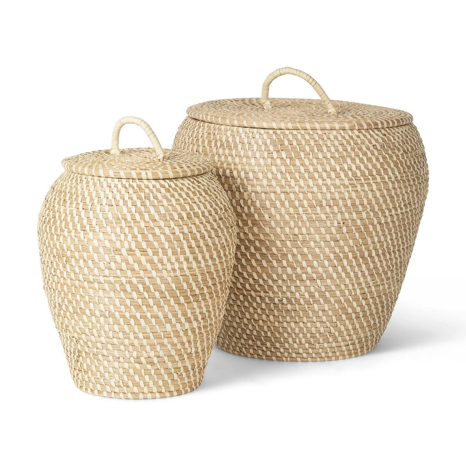 Mercana Kalopa Set of 2 Seagrass Floor Baskets w/ Flat Handled Lid DECORATIVE BASKETS + BOXES