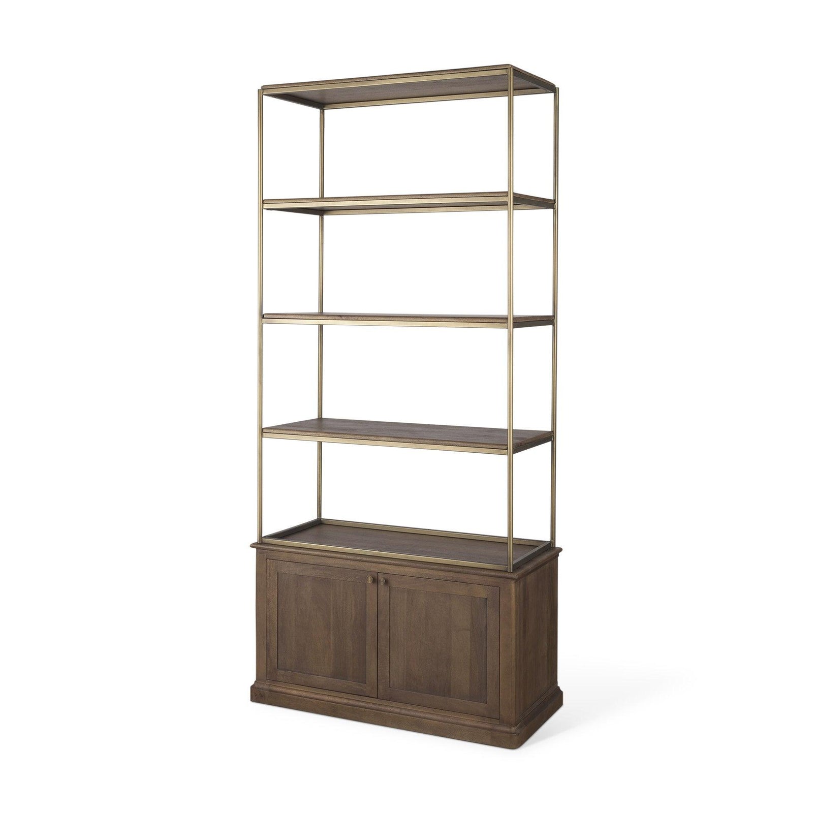 Mercana Braxton Dark Brown Wood w/ Antiqued Aged Brass Metal 3 Tiers 2 Door Shelving Unit BOOKCASES + SHELVES