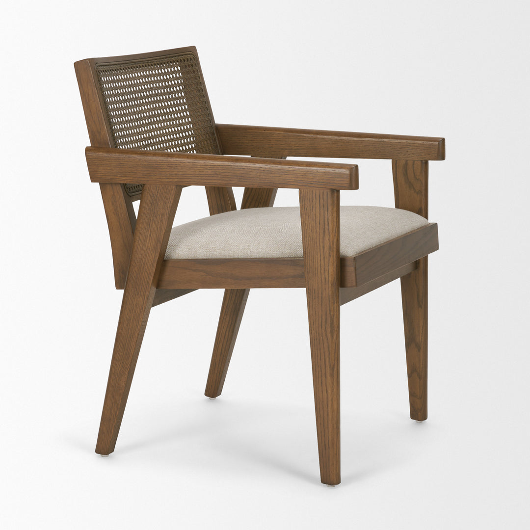 Reid Framed Brown Cane Cream Fabric Dining Armchair
