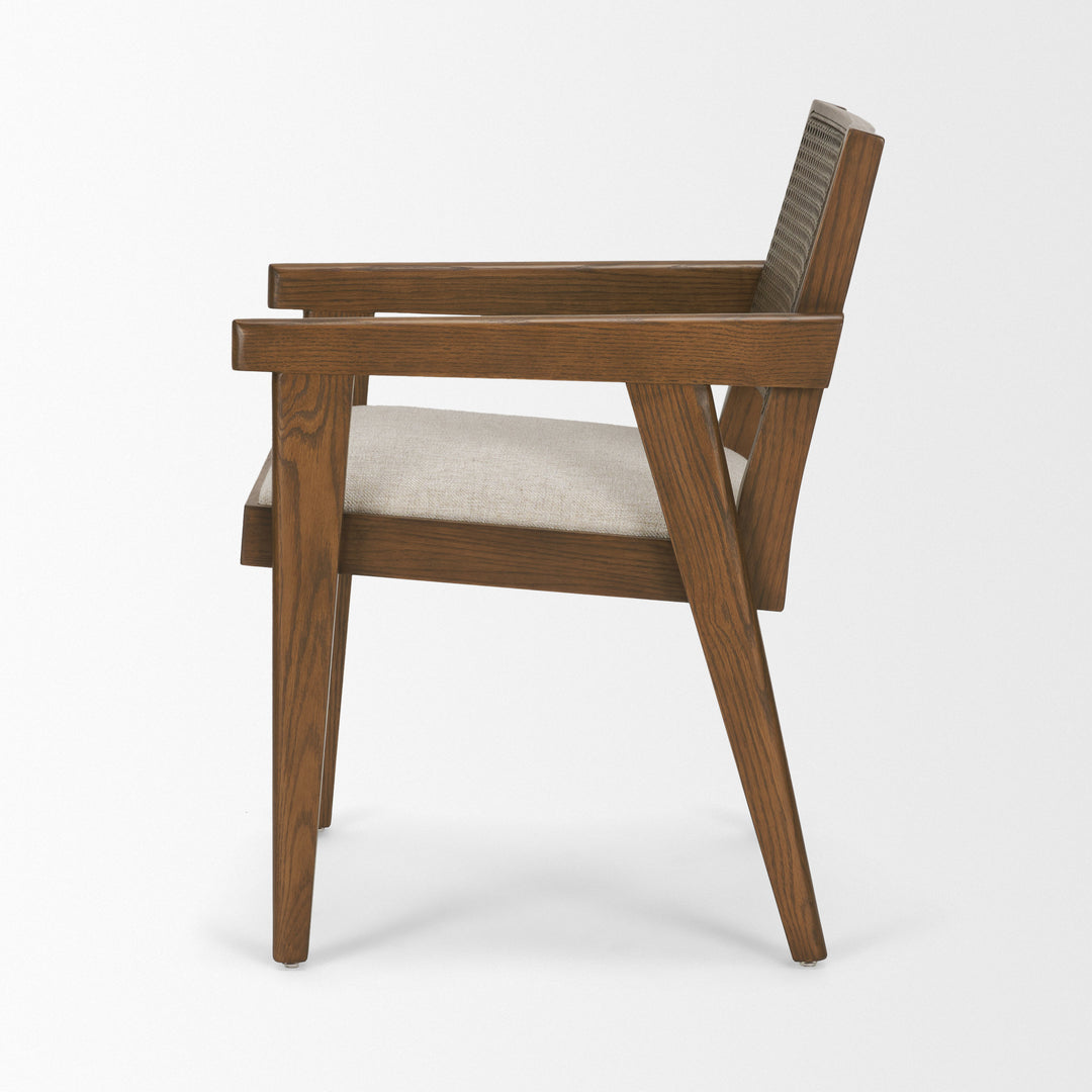 Reid Framed Brown Cane Cream Fabric Dining Armchair