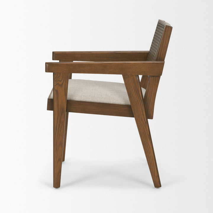 Reid Framed Brown Cane Cream Fabric Dining Armchair