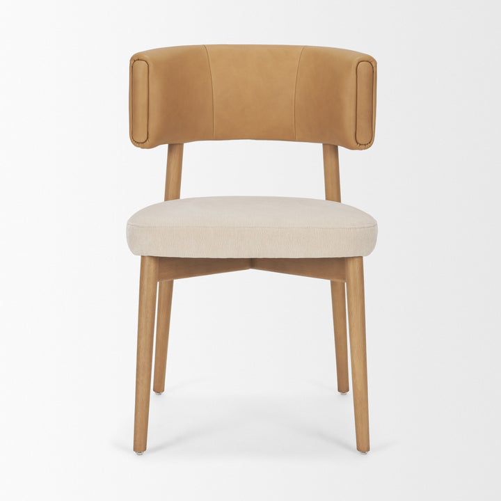 Motley Curved Open Back Cream Fabric and Tan Leather Dining Chair
