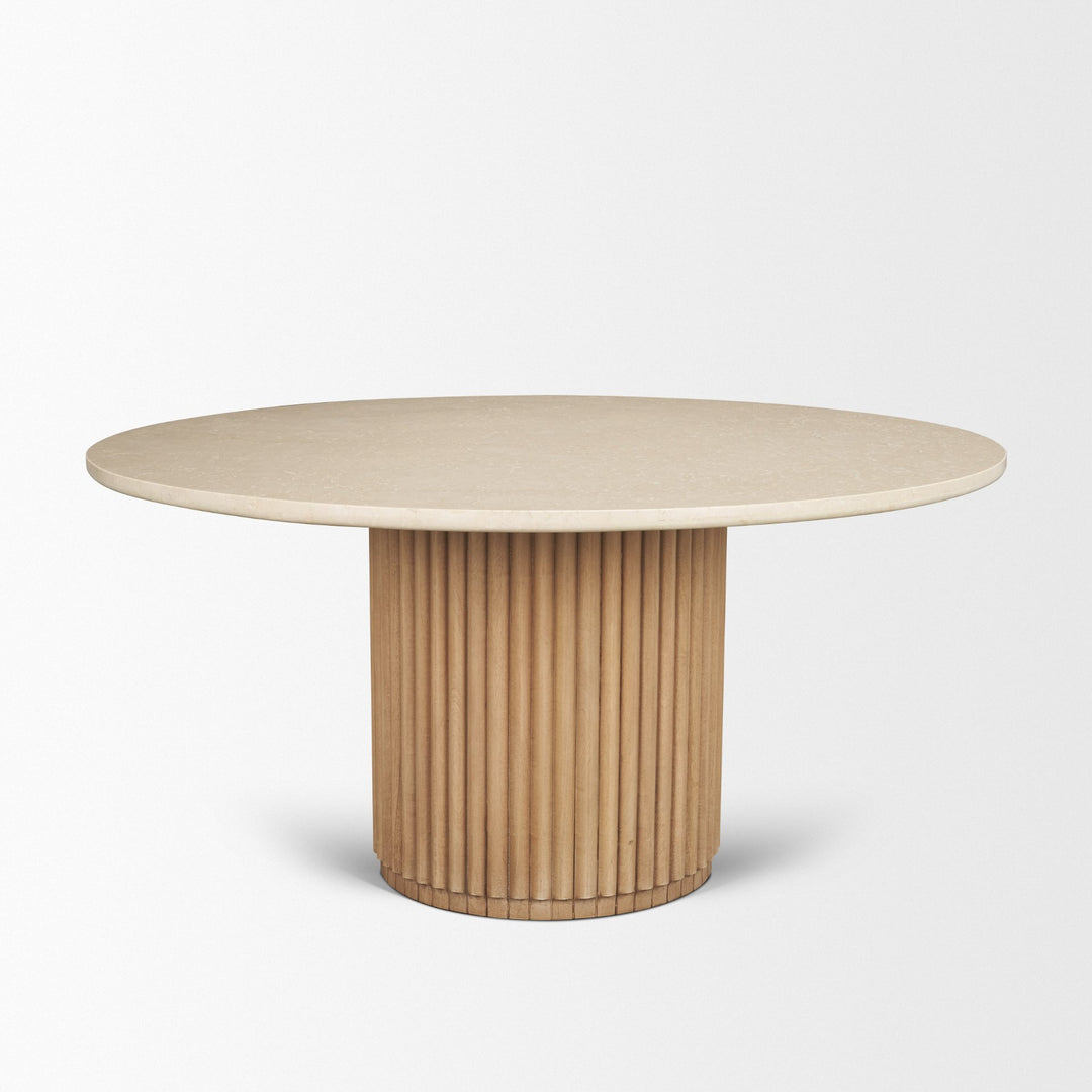 Marbrello 60" Botticino Marble Top Light Brown Fluted Wood Round Dining Table