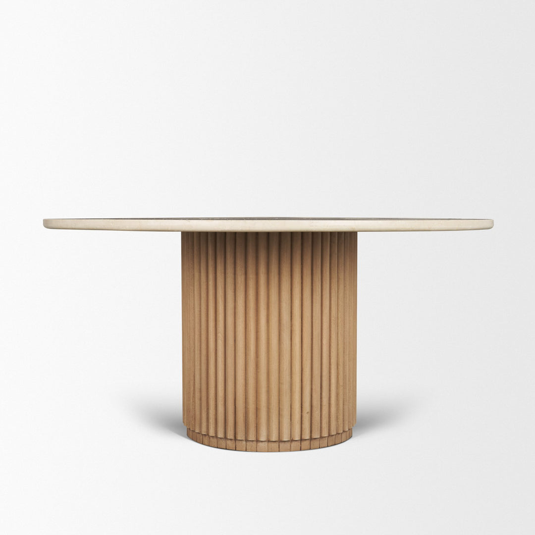 Marbrello 60" Botticino Marble Top Light Brown Fluted Wood Round Dining Table