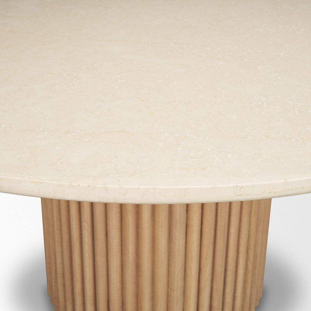 Marbrello 60" Botticino Marble Top Light Brown Fluted Wood Round Dining Table