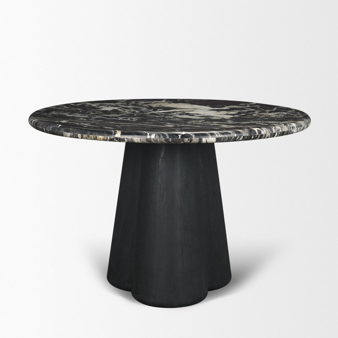 Marilyn 48" Black Forest Marble Black Wood Pedestal Round Dining Table