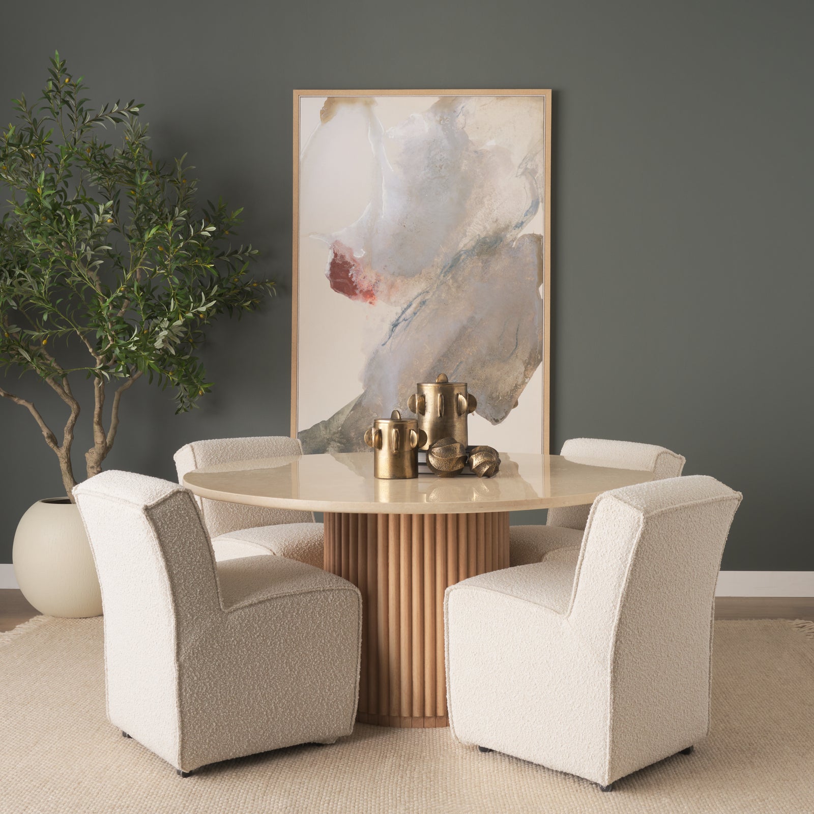 Marbrello 60" Botticino Marble Top Light Brown Fluted Wood Round Dining Table