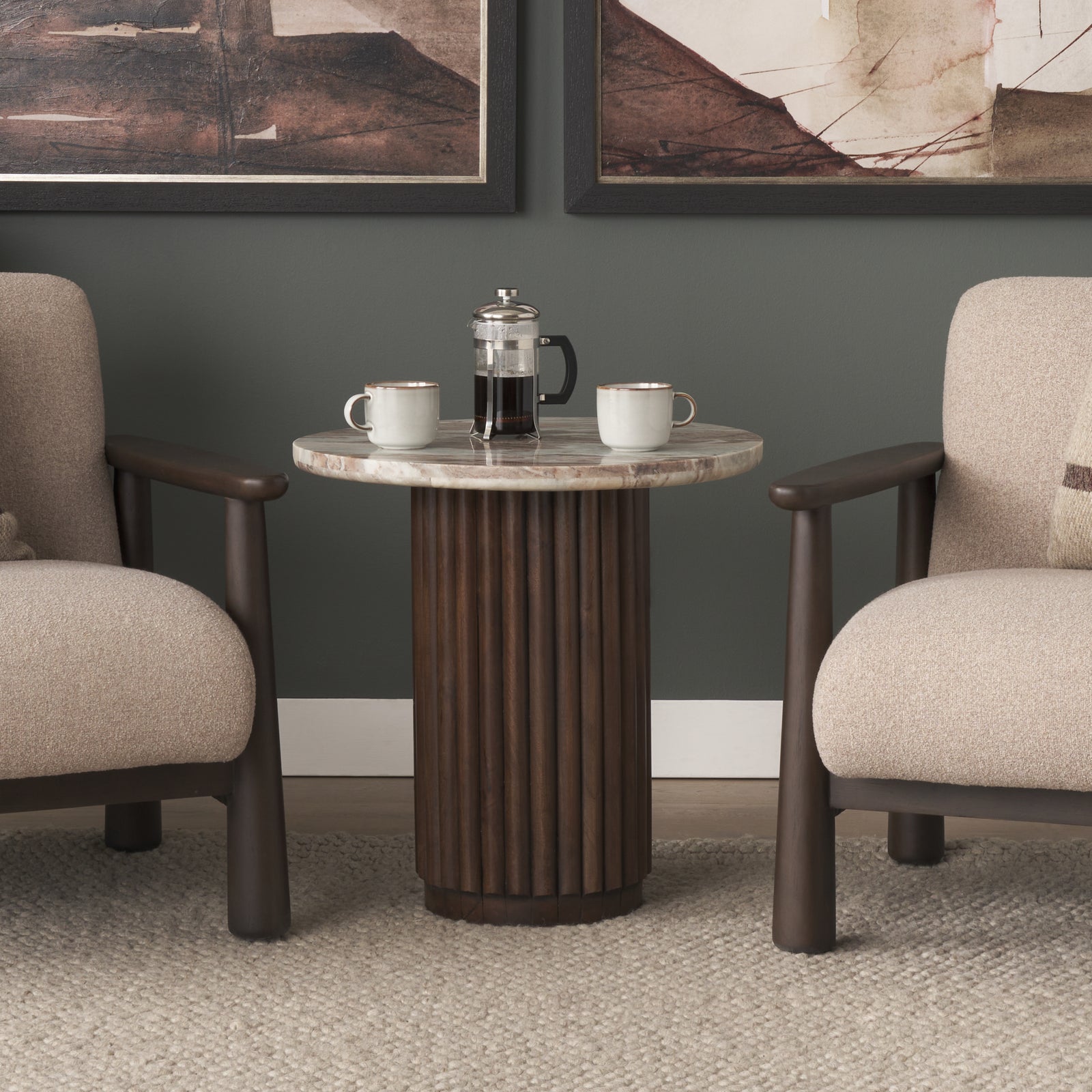Marbrello Pink Marble Top Espresso Brown Fluted Wood Round Side Table
