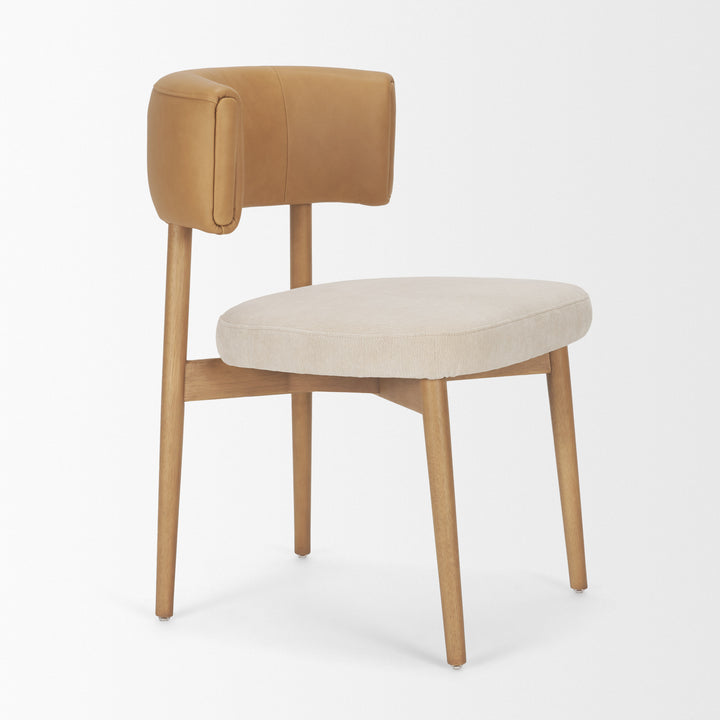 Motley Curved Open Back Cream Fabric and Tan Leather Dining Chair