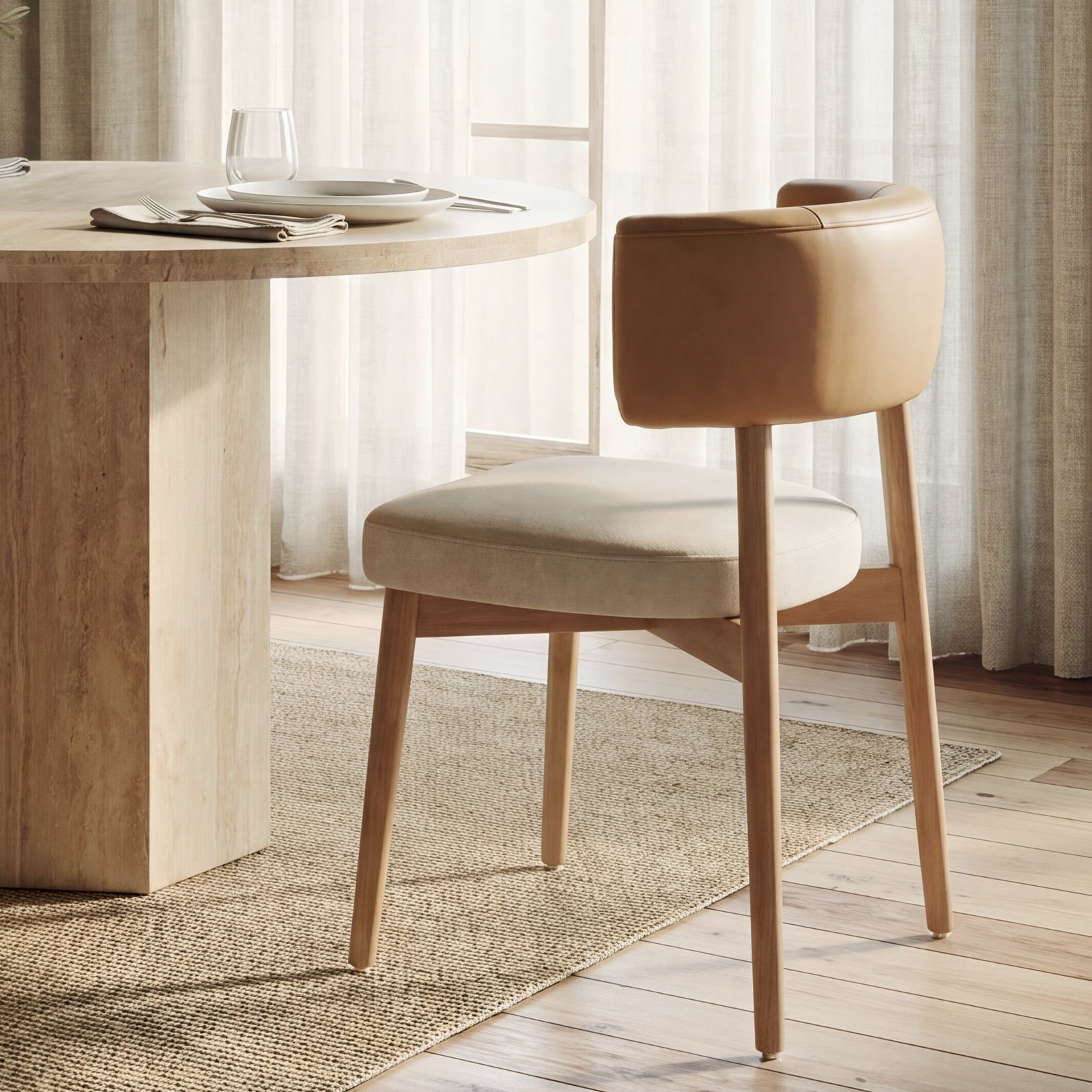 Motley Curved Open Back Cream Fabric and Tan Leather Dining Chair