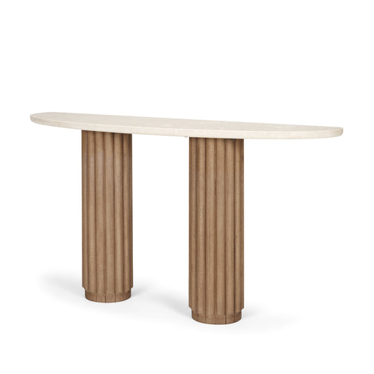 Marbrello Botticino Marble Top Light Brown Fluted Wood Half Moon Console Table