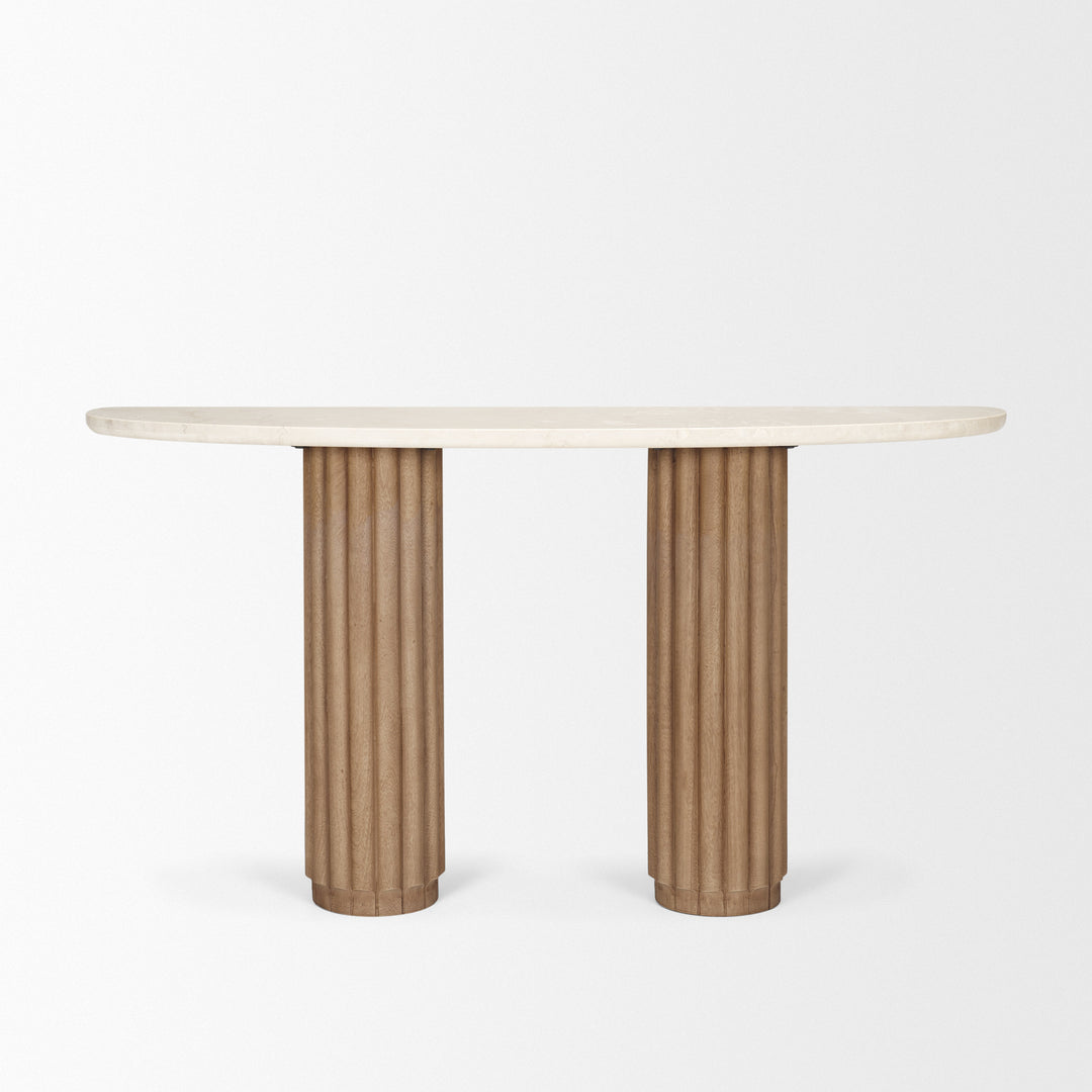 Marbrello Botticino Marble Top Light Brown Fluted Wood Half Moon Console Table