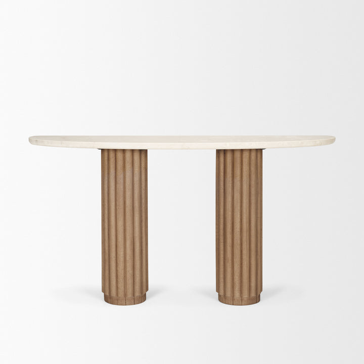 Marbrello Botticino Marble Top Light Brown Fluted Wood Half Moon Console Table
