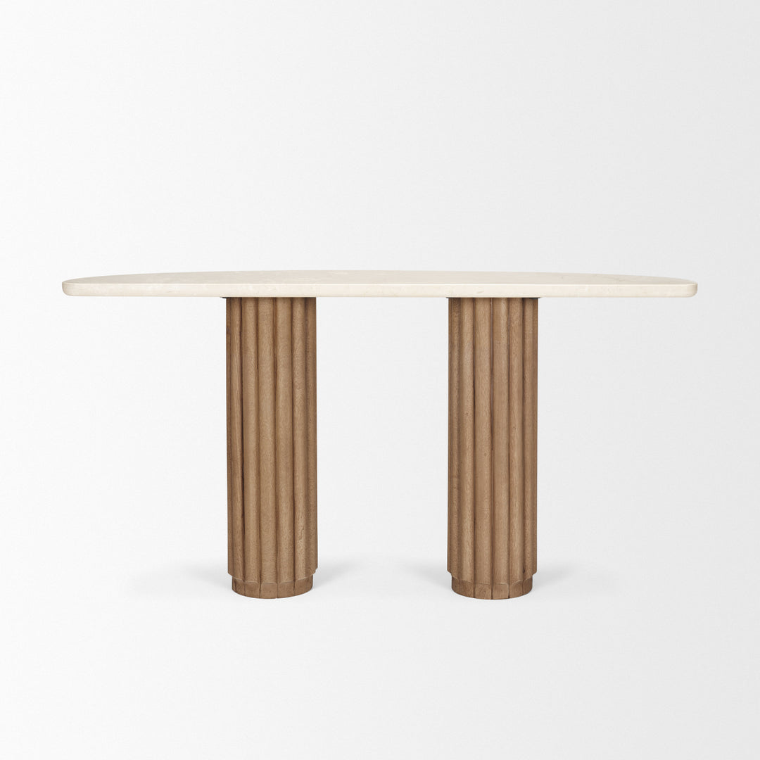 Marbrello Botticino Marble Top Light Brown Fluted Wood Half Moon Console Table