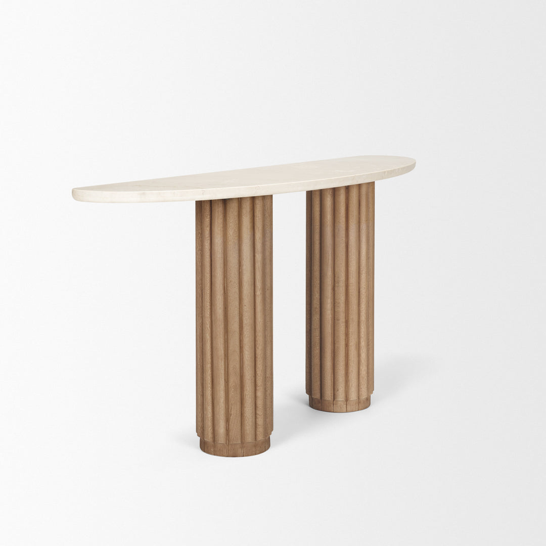 Marbrello Botticino Marble Top Light Brown Fluted Wood Half Moon Console Table