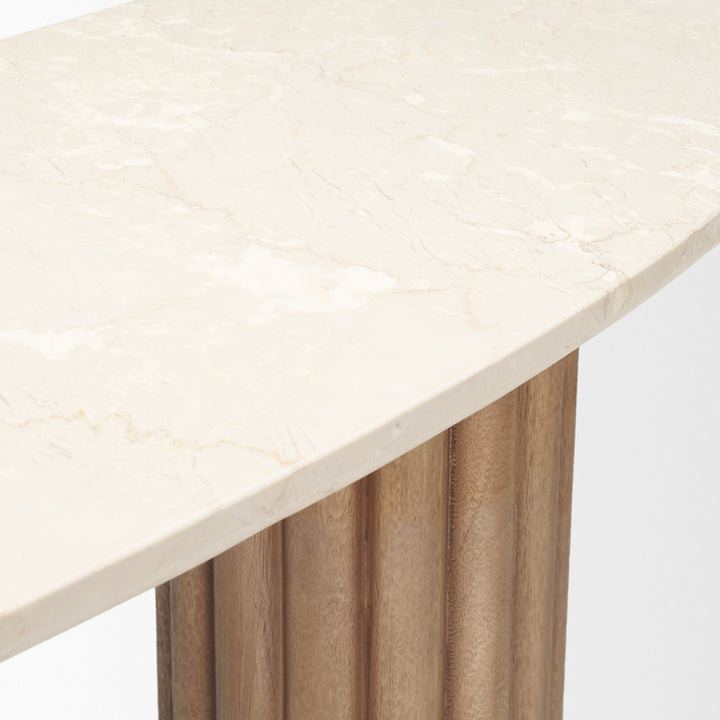 Marbrello Botticino Marble Top Light Brown Fluted Wood Half Moon Console Table