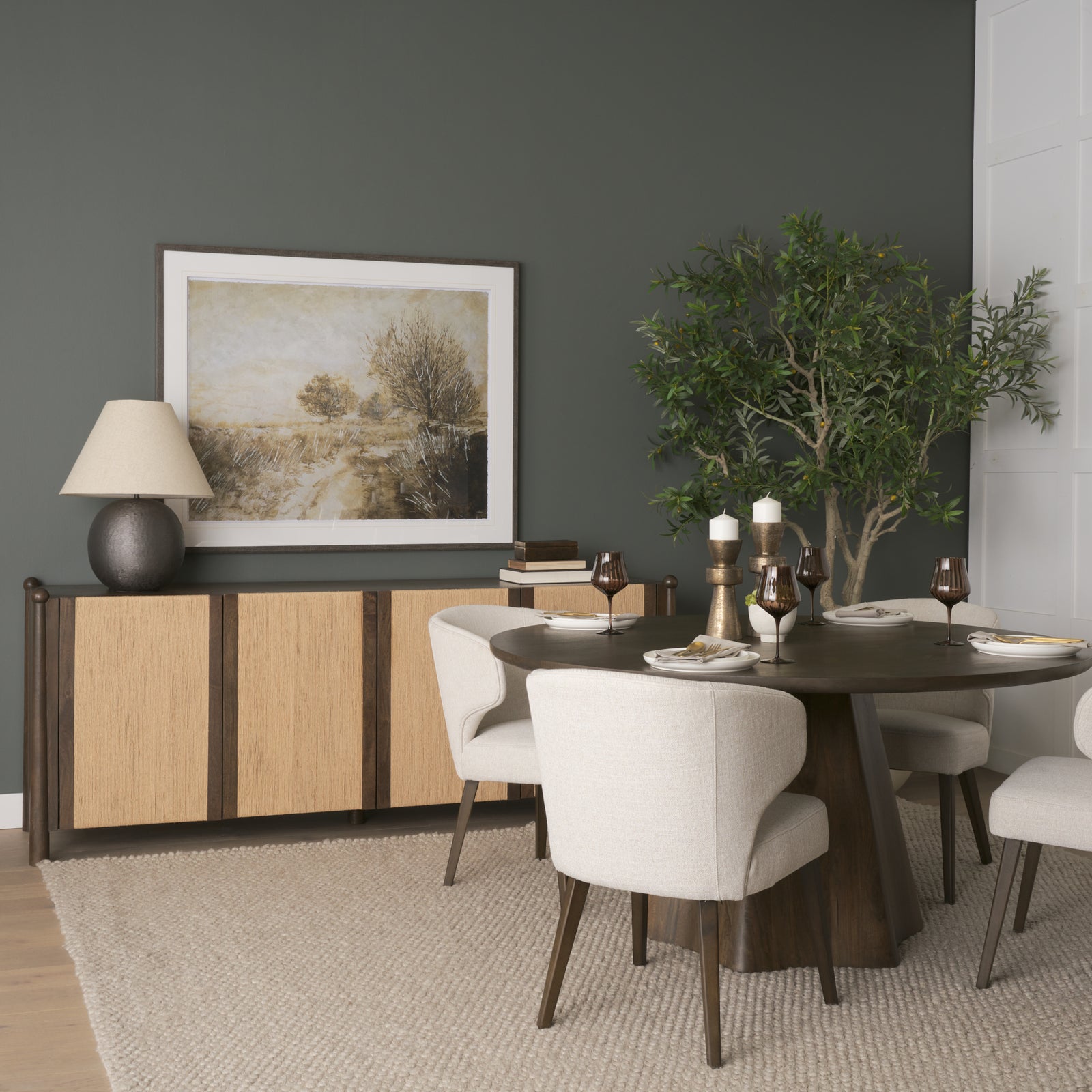 Bondi 85" Dark Brown Wood w/ Paper Rope 4 Door Closed Sideboard