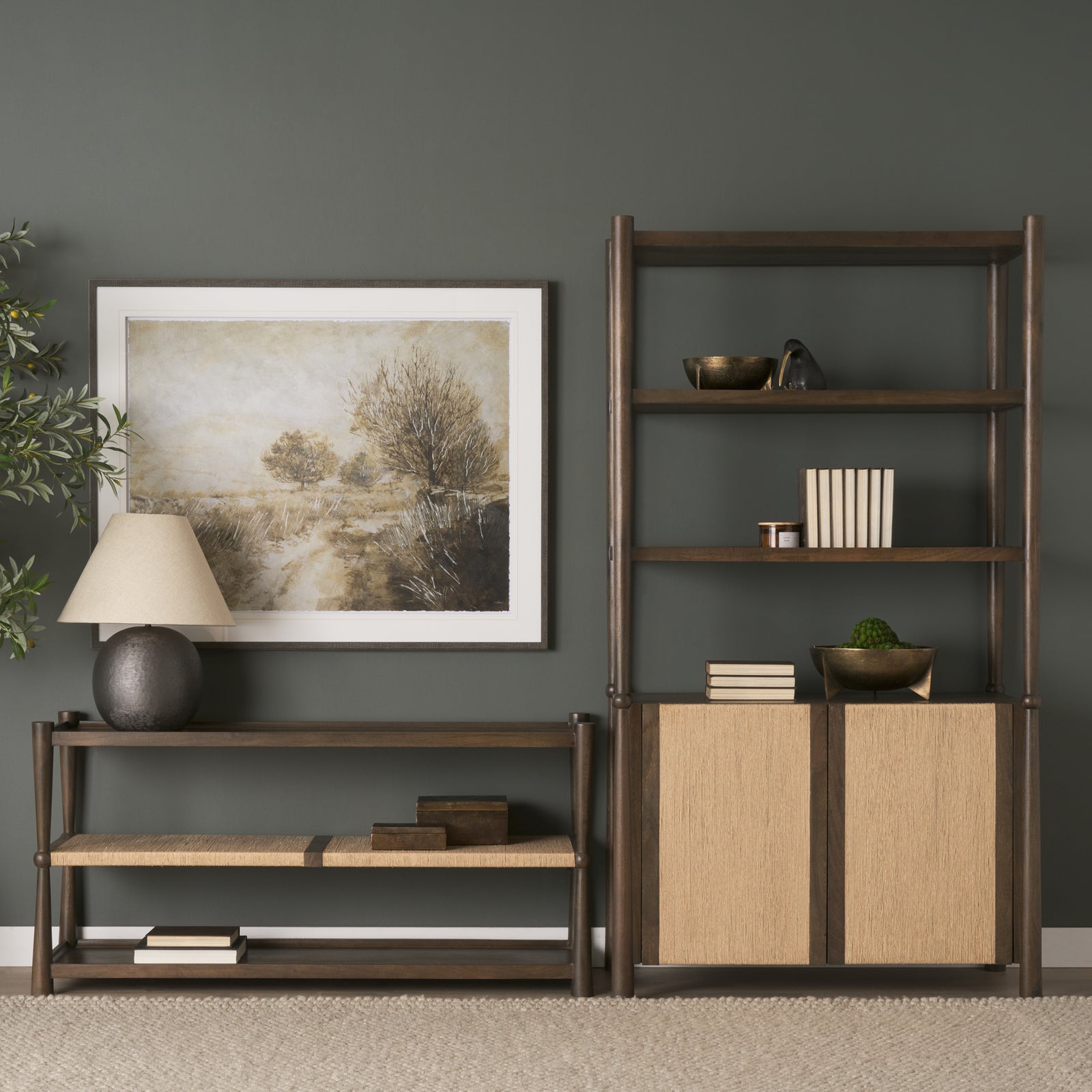 Bondi 2 Door Open Dark Brown Wood w/ Paper Rope Shelving Unit