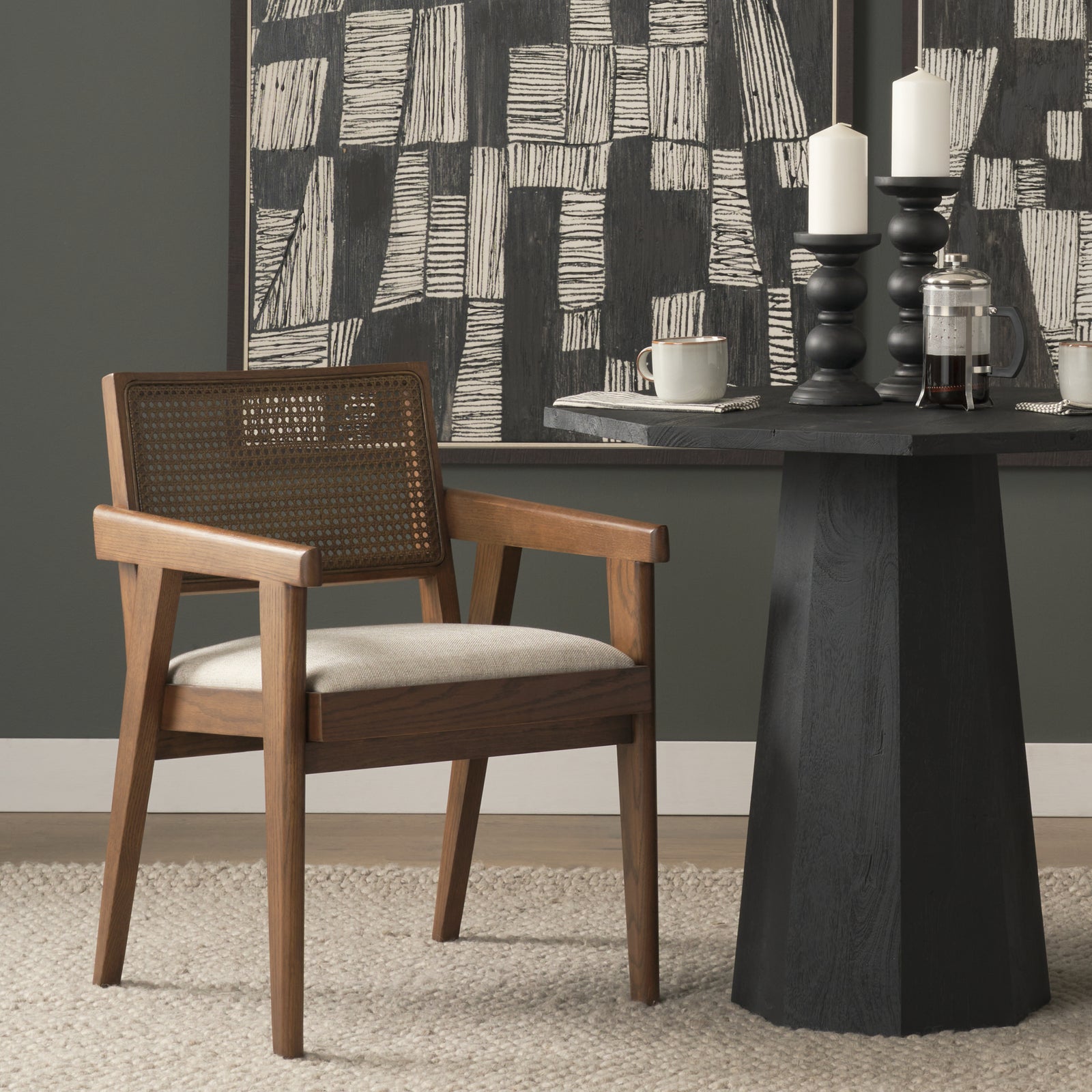 Reid Framed Brown Cane Cream Fabric Dining Armchair